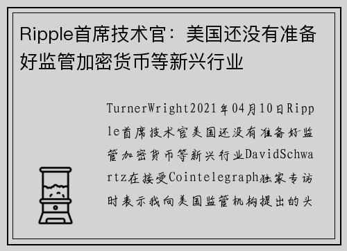 Ripple首席技术官：美国还没有准备好监管加密货币等新兴行业 